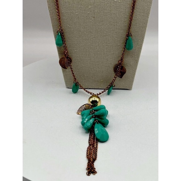Boho Leaf & Teardrop Charm Necklace - Gold Tone and Faux Turquoise      N27 - Picture 2 of 7